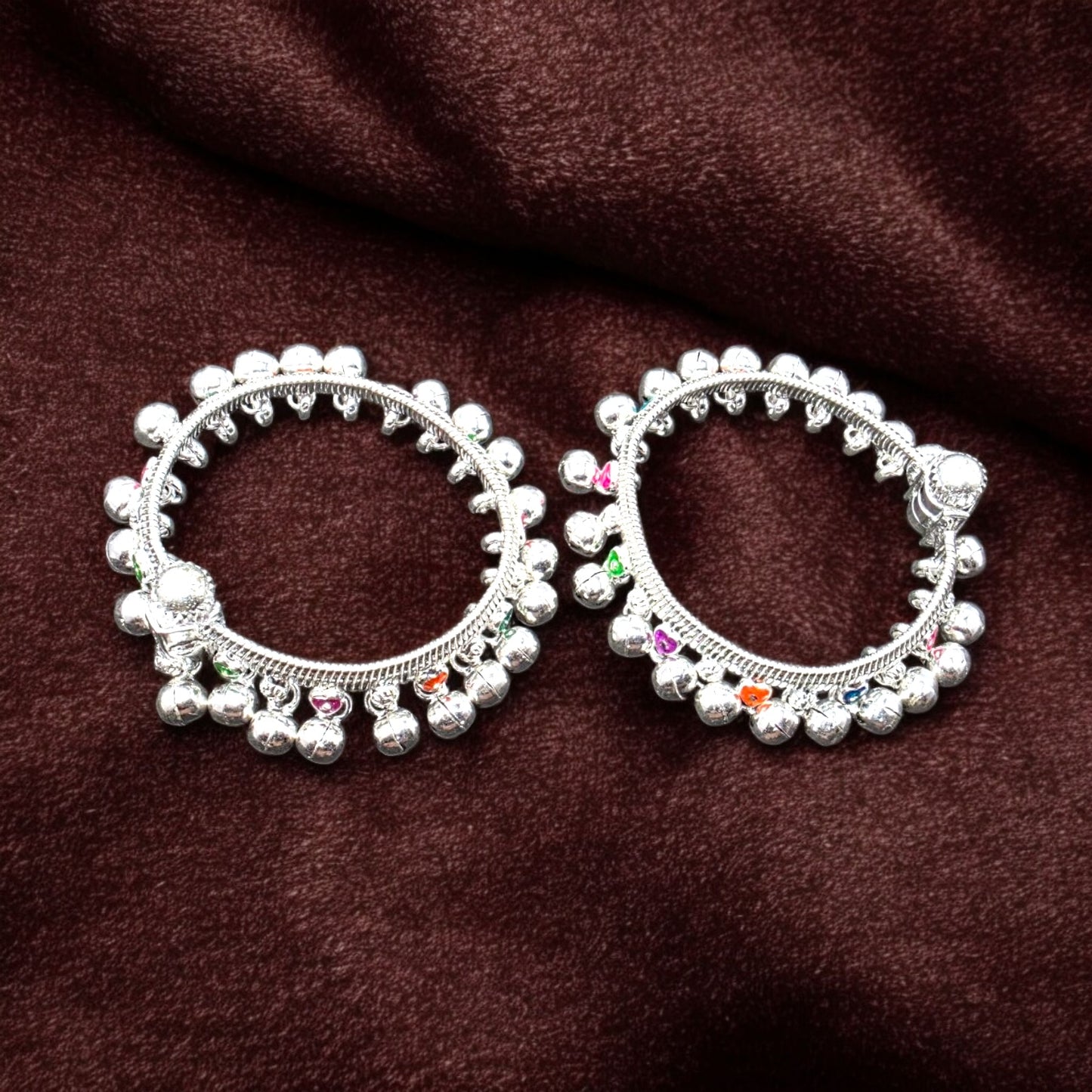 Baby Silver Anklets with Multicolour Stones & Ghungroos (Pair)
