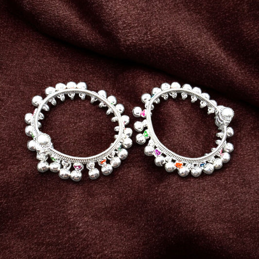 Baby Silver Anklets with Multicolour Stones & Ghungroos (Pair)