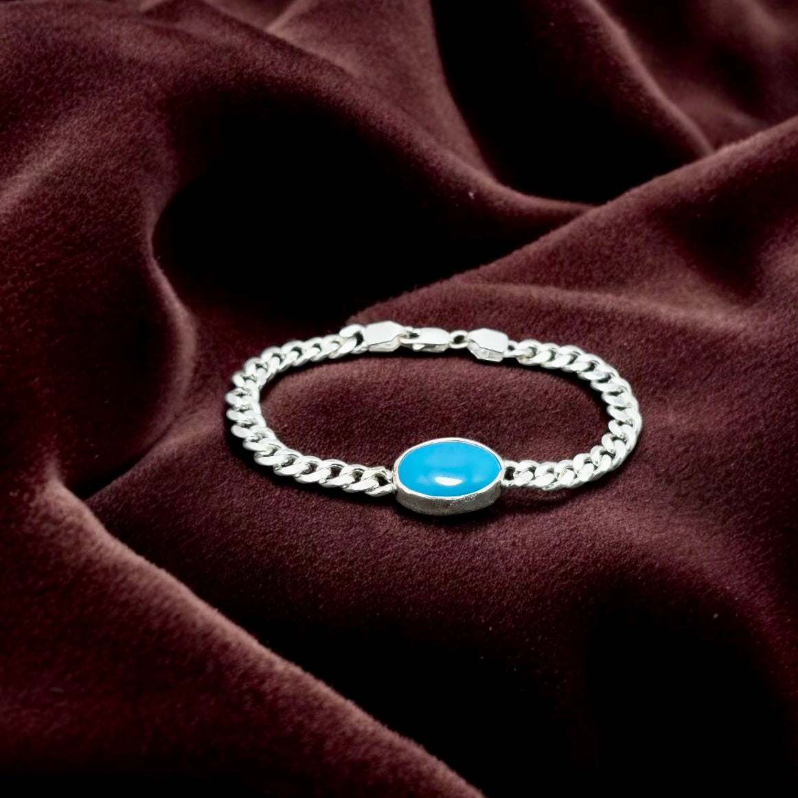 Men’s Silver Cuban Chain Bracelet with Blue Stone