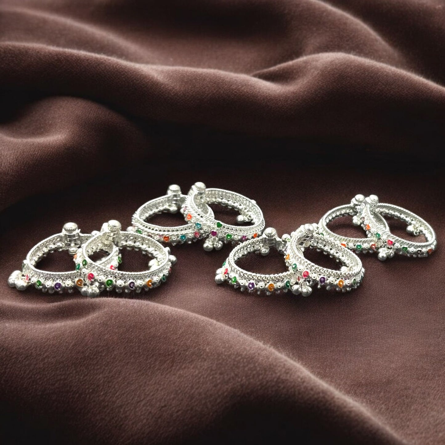 Baby Silver Anklets with Multicolour Stones & Ghungroos (Pair)