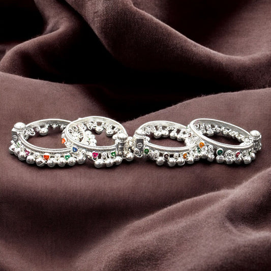 Baby Silver Anklets with Multicolour Stones & Ghungroos (Pair)
