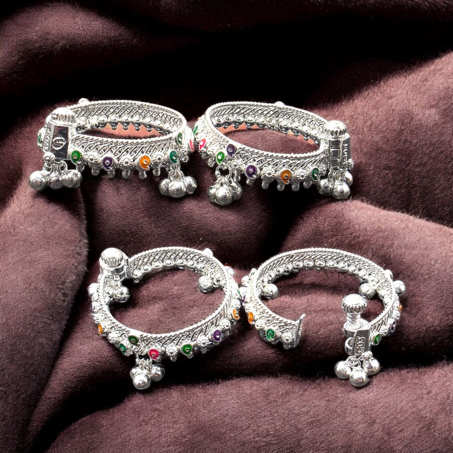 Baby Silver Anklets with Multicolour Stones & Ghungroos (Pair)