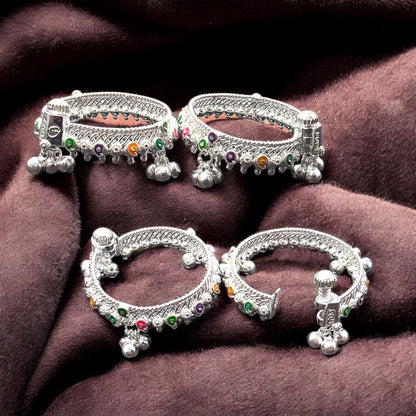 Baby Silver Anklets with Multicolour Stones & Ghungroos (Pair)