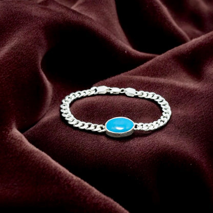 Men’s Silver Cuban Chain Bracelet with Blue Stone