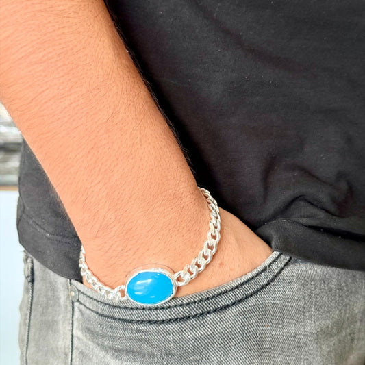Men’s Silver Cuban Chain Bracelet with Blue Stone
