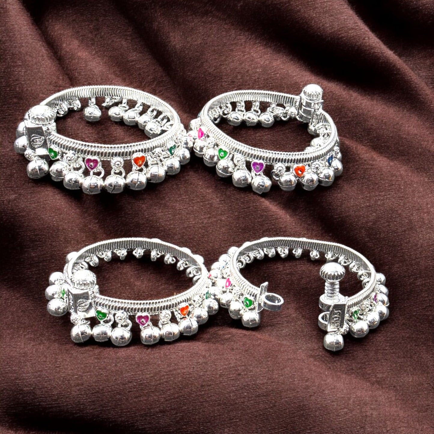 Baby Silver Anklets with Multicolour Stones & Ghungroos (Pair)