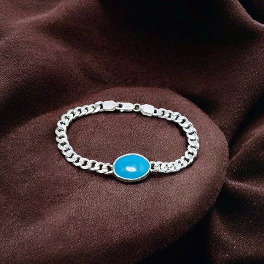 Men’s Silver Cuban Chain Bracelet with Blue Stone